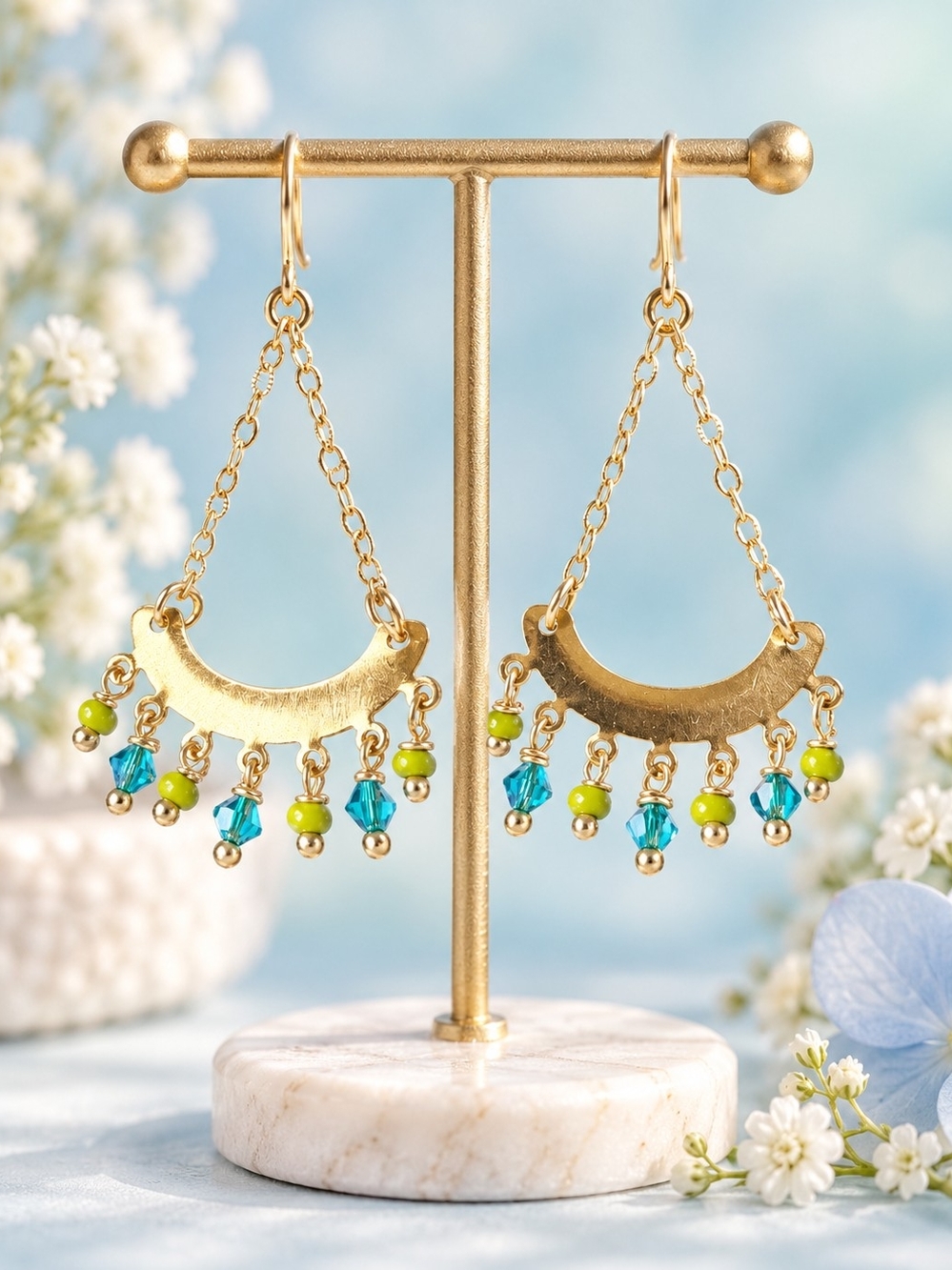 Gold Crescent Dangle Earrings with Blue and Lime Beads